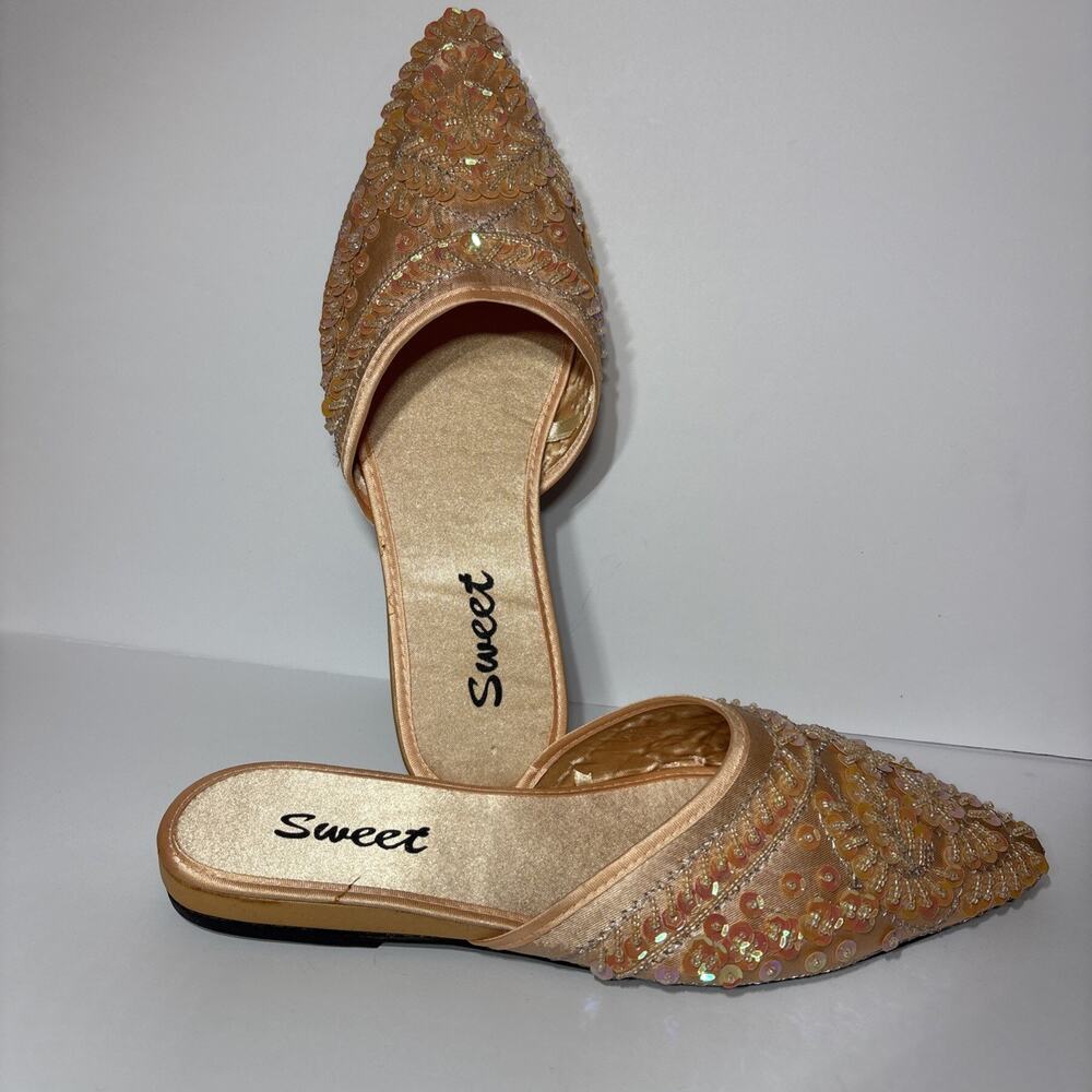Sweet Women’s 7 Gold Sequin Beaded Slipper Mules Juttis Mojaris Bridal Festival